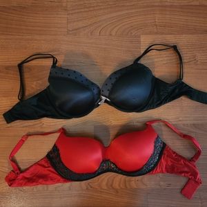 2 Victoria Secret Bras 34DD/E Balcolette Push Up Red Black